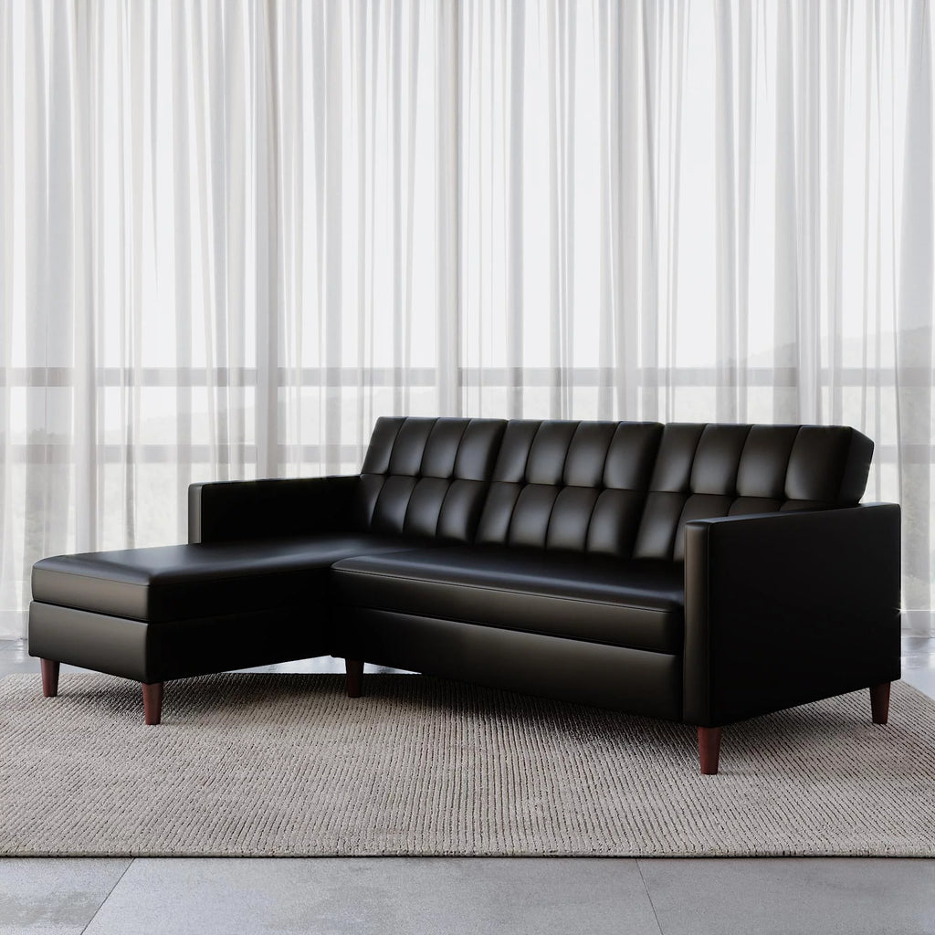 Black Faux Leather Reversible Sectional Futon with Chaise R135849