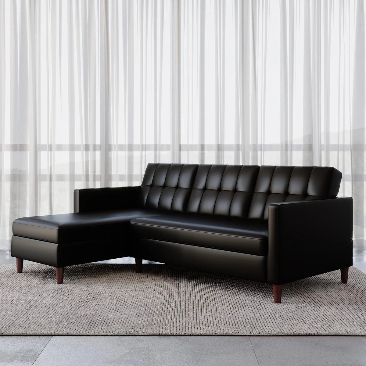 Black Faux Leather Reversible Sectional Futon with Chaise R135849
