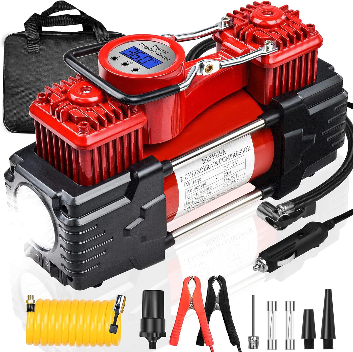 Red Double Cylinder Portable Air Compressor Tire Inflator with Digital Gauge, 12V DC, Pack of 2 H630665