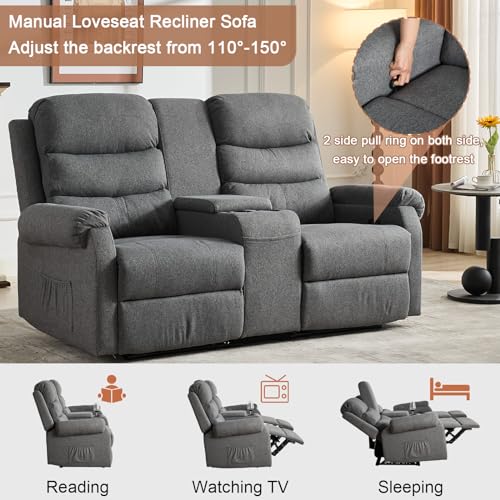 Grey Manual Reclining Loveseat Sofa 2 Seater with Cup Holders O70618