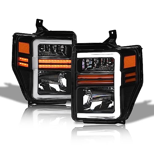 Black Amber Crystal Headlights With White LED Light Bar & Sequential Signal Light J7779