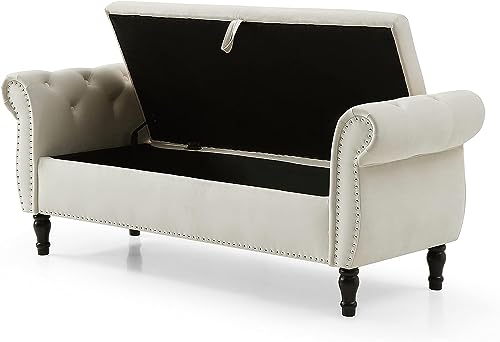 Grey Button Tufted Velvet Upholstered Storage Bench Ottoman with Pillow T985
