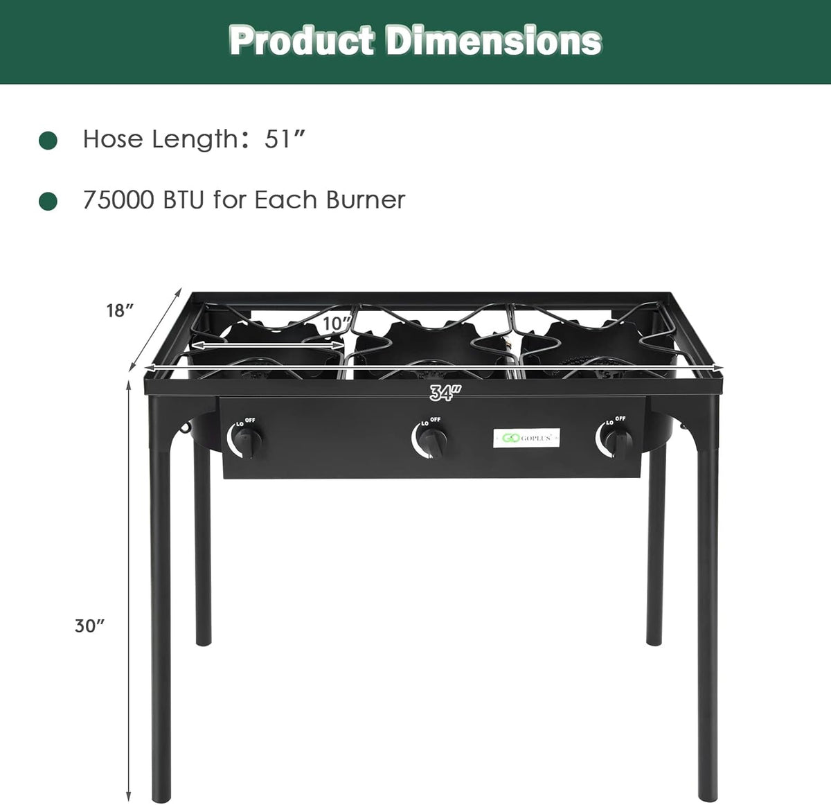 Portable Propane Gas Cooker Iron Cast 3-Burner A6966