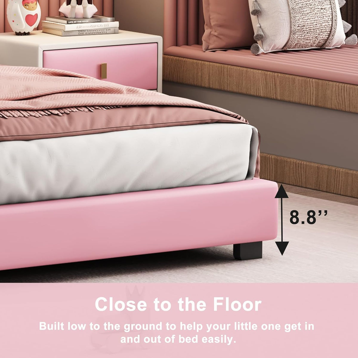 Pink Twin Size PU Upholstered Princess Bed Frame with Crown Headboard O65087