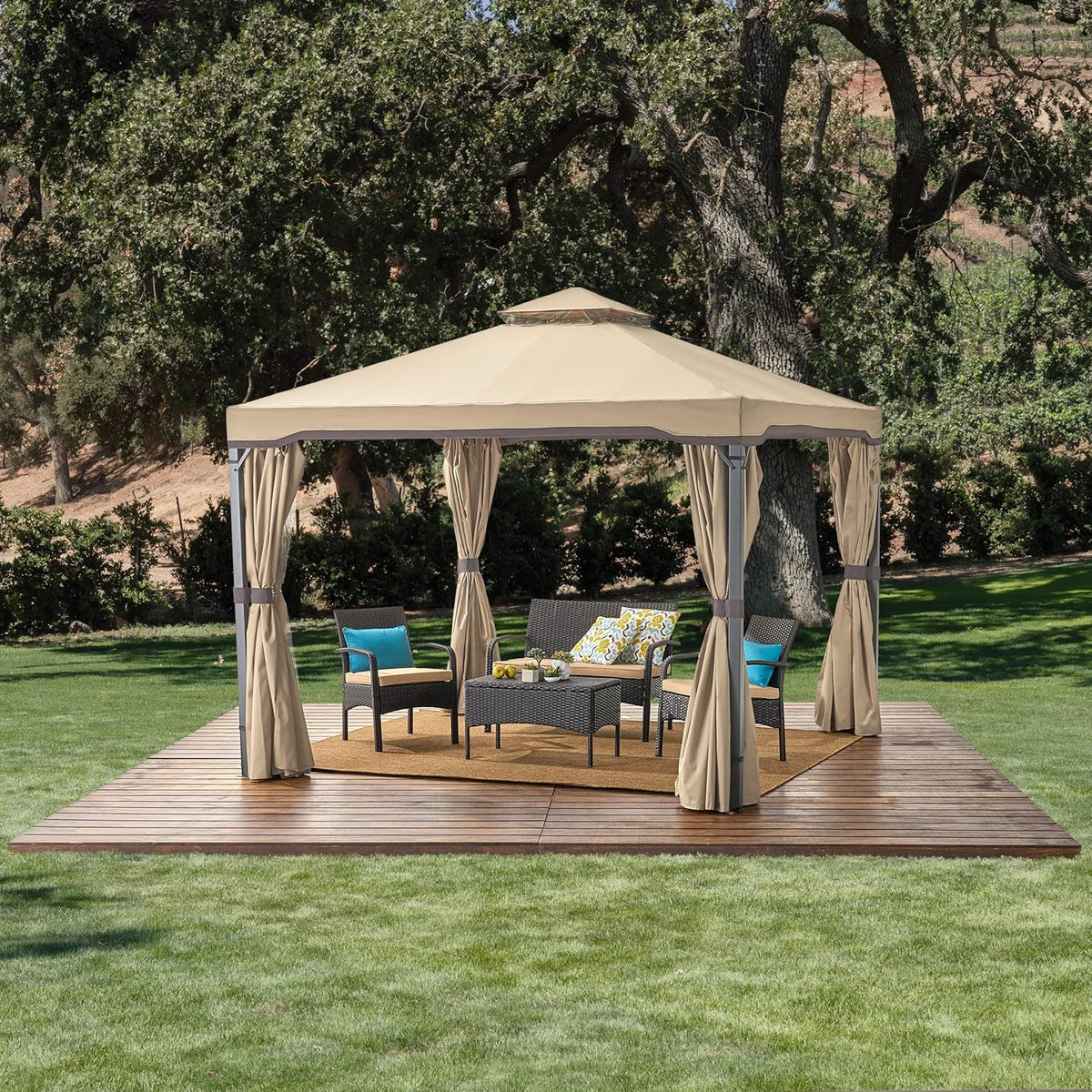 Beige Outdoor Gazebo Canopy with Net Drapery I8799