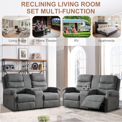 Grey Manual Reclining Loveseat Sofa 2 Seater with Cup Holders O70618