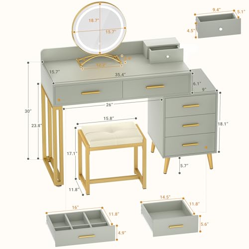 White Vanity Desk with Mirror and Lights, 6 Drawers, Cushioned Stool I200990