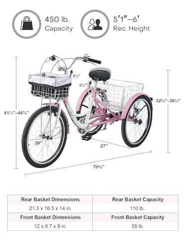 7 Speed Adult Tricycle with Front & Rear Removable Wheeled Baskets, 24 26 inch E27572
