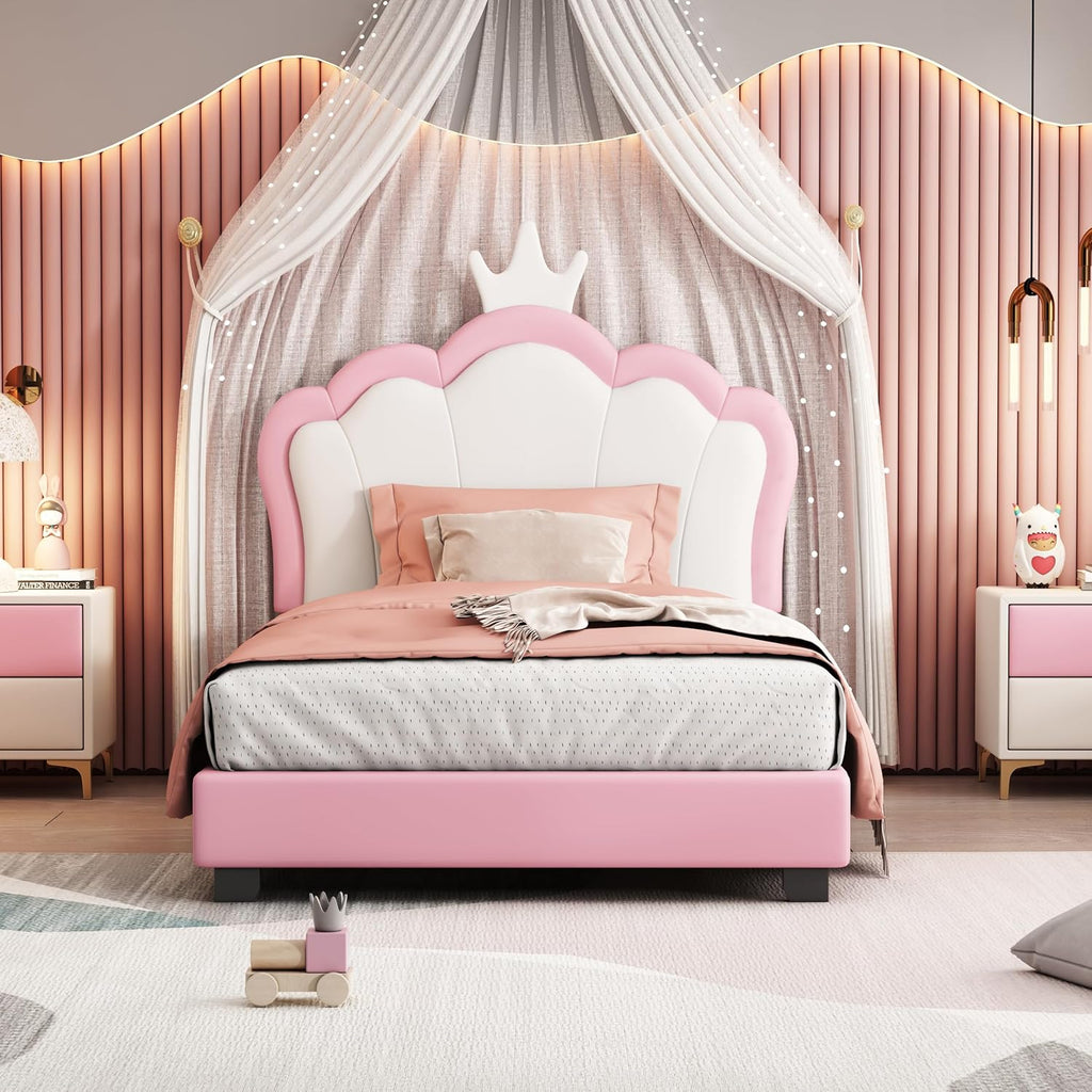 Pink Twin Size PU Upholstered Princess Bed Frame with Crown Headboard O65087