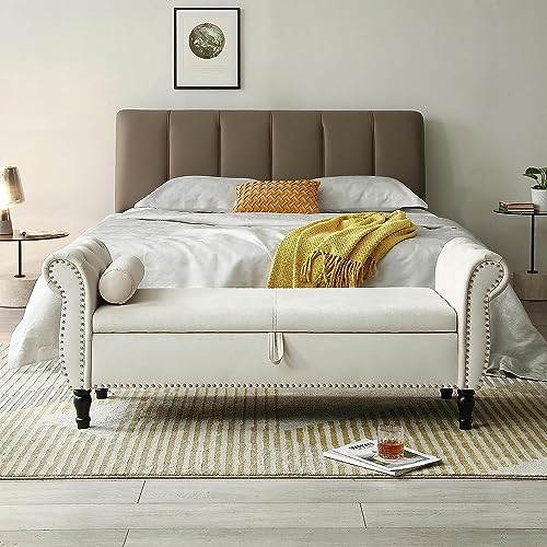 Grey Button Tufted Velvet Upholstered Storage Bench Ottoman with Pillow T985