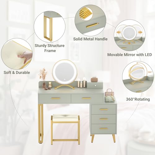 White Vanity Desk with Mirror and Lights, 6 Drawers, Cushioned Stool I200990