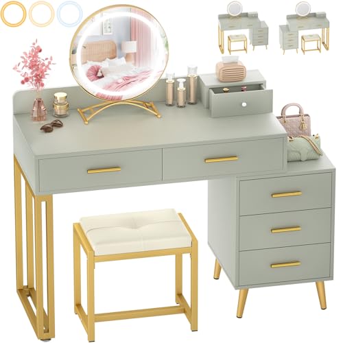 White Vanity Desk with Mirror and Lights, 6 Drawers, Cushioned Stool I200990