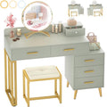 White Vanity Desk with Mirror and Lights, 6 Drawers, Cushioned Stool I200990
