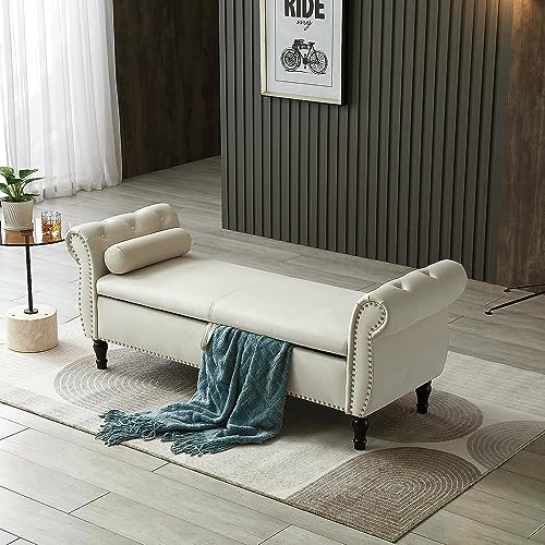 Grey Button Tufted Velvet Upholstered Storage Bench Ottoman with Pillow T985