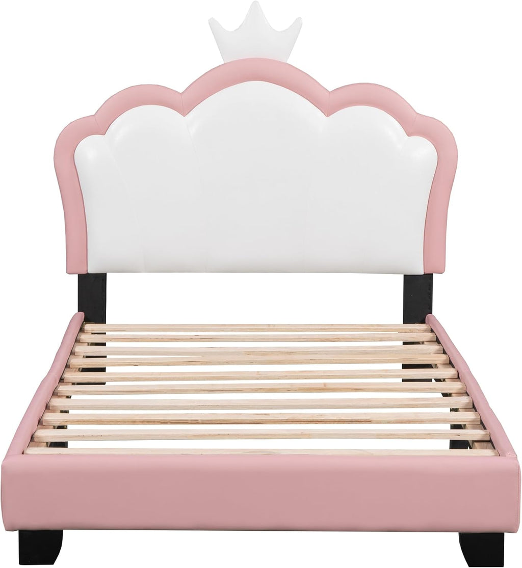 Pink Twin Size PU Upholstered Princess Bed Frame with Crown Headboard O65087