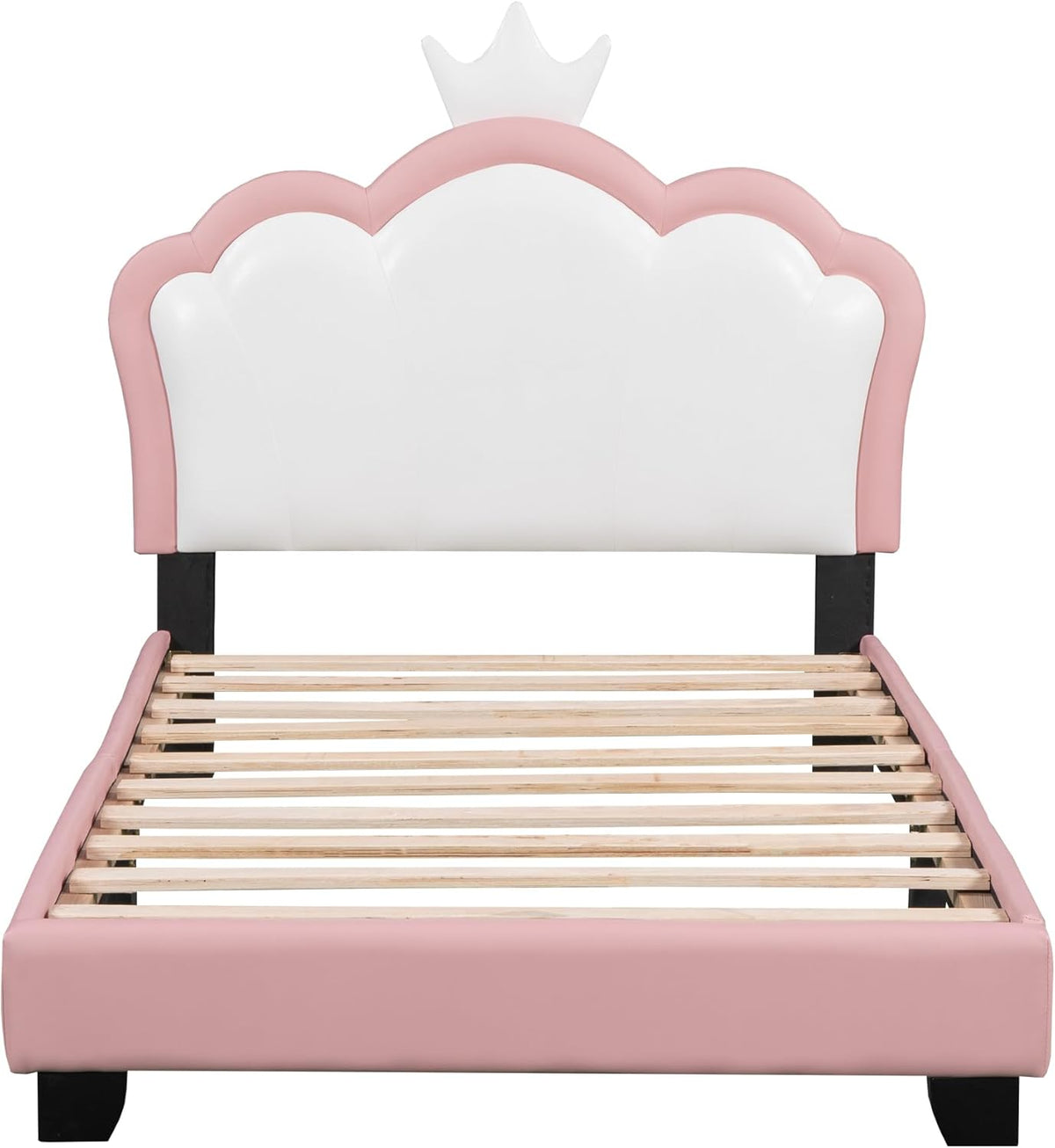 Pink Twin Size PU Upholstered Princess Bed Frame with Crown Headboard O65087