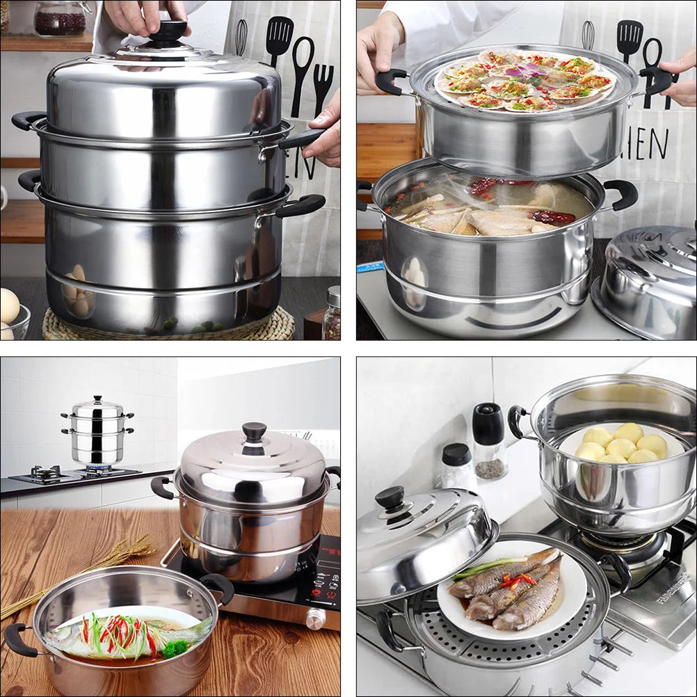 1pc Stainless Steel Three Layers Steamer Pot W950