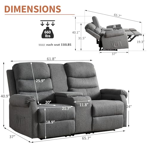 Grey Manual Reclining Loveseat Sofa 2 Seater with Cup Holders O70618
