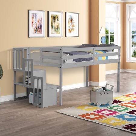 Twin Size Wood Loft Bed with Staircase E259074