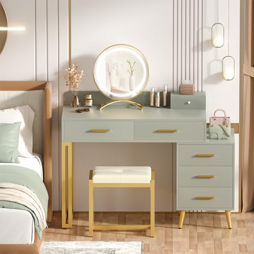 White Vanity Desk with Mirror and Lights, 6 Drawers, Cushioned Stool I200990