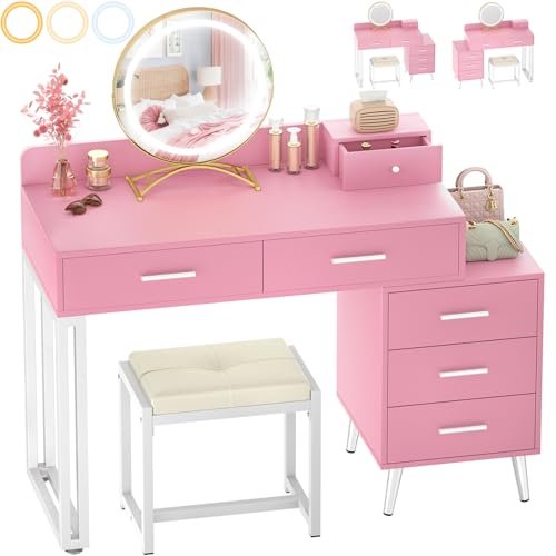 White Vanity Desk with Mirror and Lights, 6 Drawers, Cushioned Stool I200990