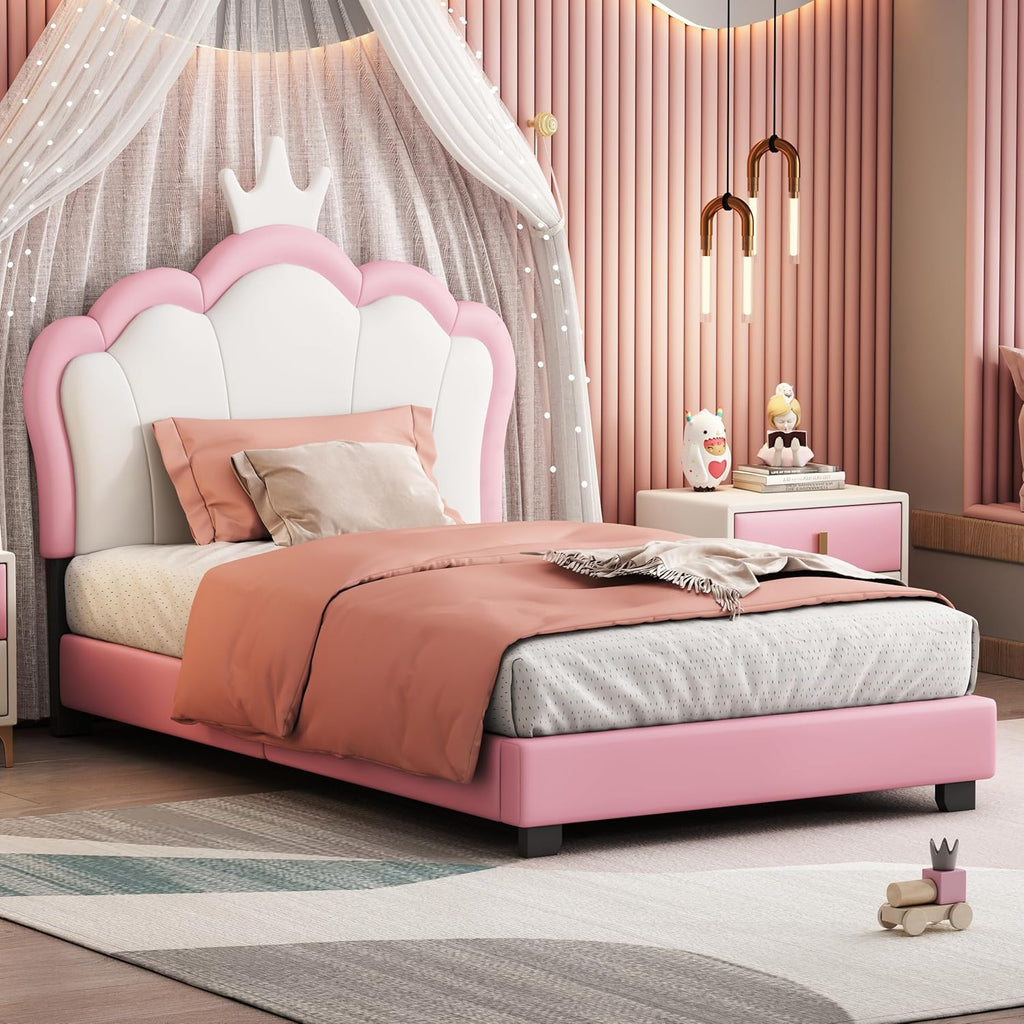 Pink Twin Size PU Upholstered Princess Bed Frame with Crown Headboard O65087