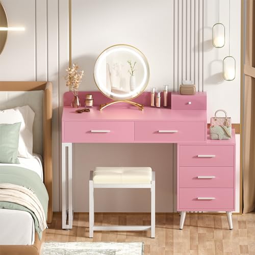 White Vanity Desk with Mirror and Lights, 6 Drawers, Cushioned Stool I200990