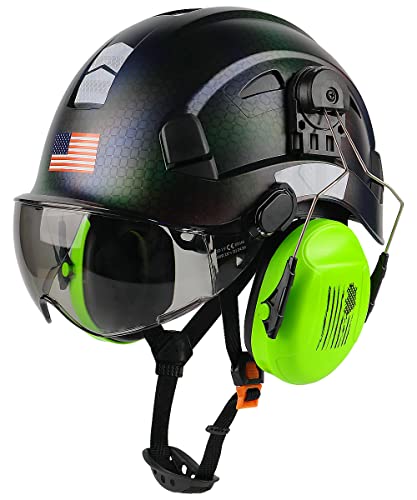 Safety Helmet Hard Hat with Visor and Ear Protection Adjustable Lightweight Vented ABS Work Helmet 6-Point Suspension W8317