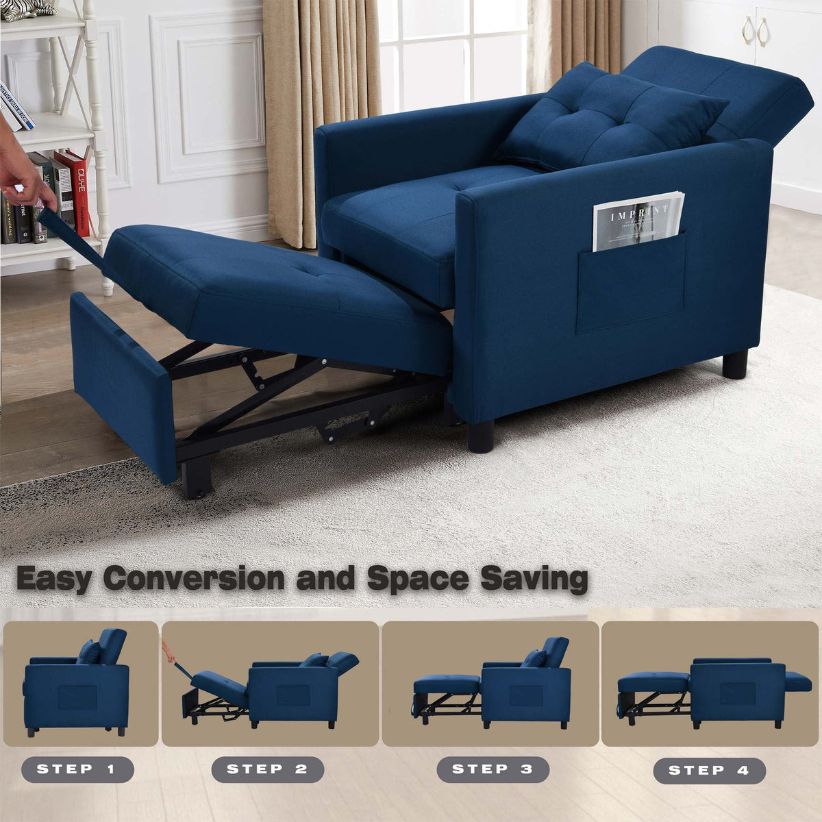 Blue Convertible Single Sofa Bed with Pull Out Sleeper Y244688