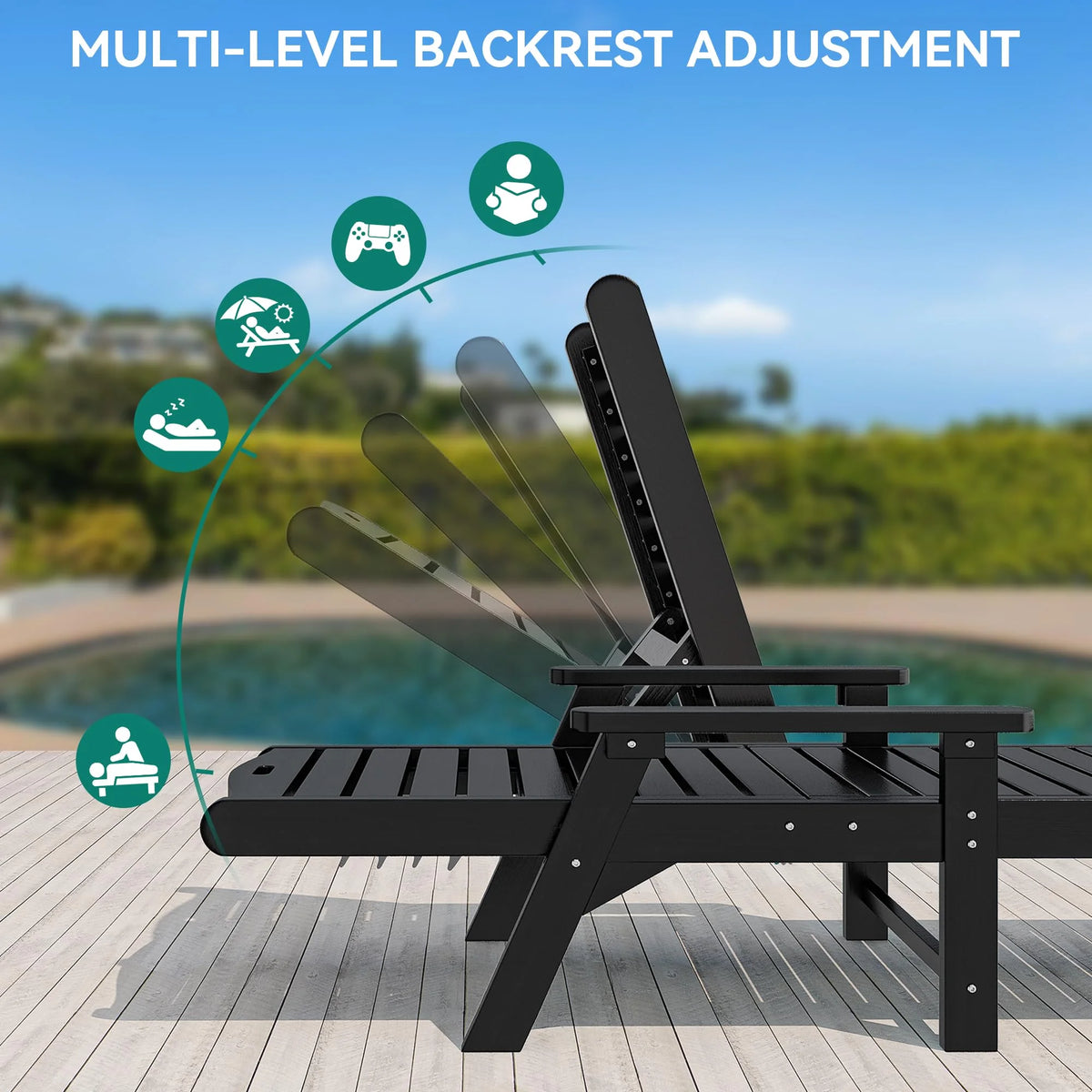 Black Adjustable Resin Outdoor Chaise Lounge Chair P874988