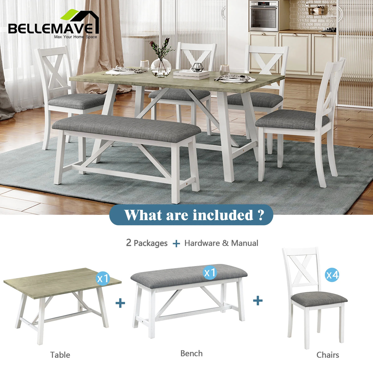 White 6 Piece Wood Counter Height Dining Table Set with 4 Chairs and a Bench R41706