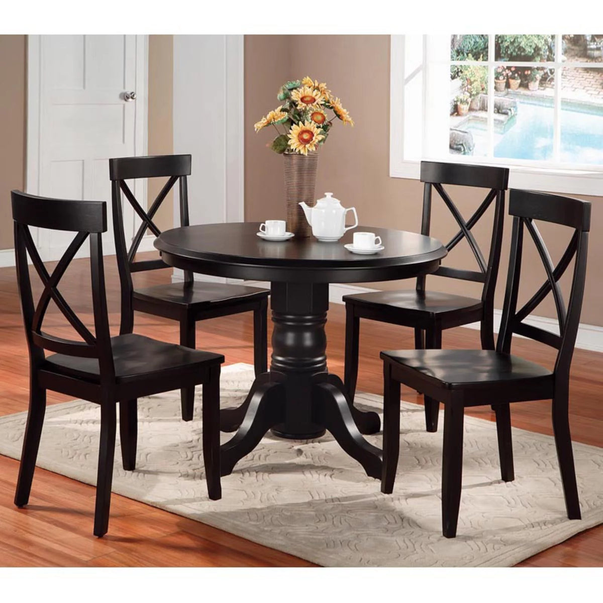 5 Piece Wood Dining Set with Pedestal Table in Black A4327