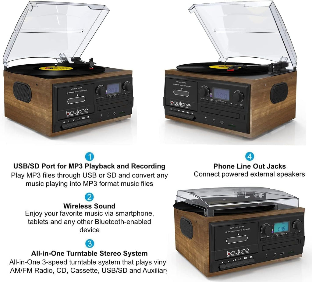 Bluetooth Record Player Turntable with AM/FM Radio, Cassette, CD Player, 2 Built in Speaker, SD Slot, USB, AUX J640121