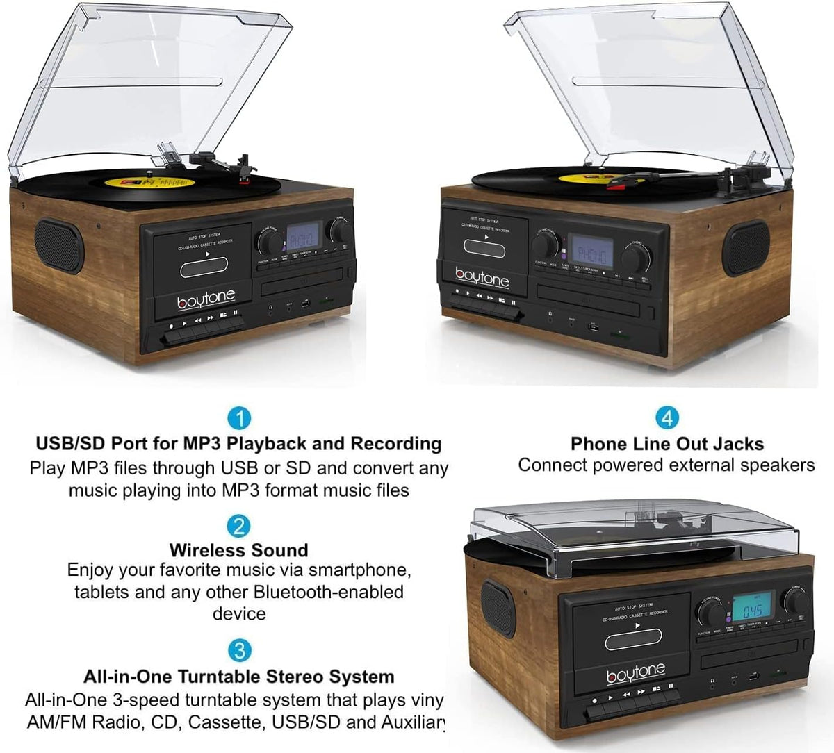 Bluetooth Record Player Turntable with AM/FM Radio, Cassette, CD Player, 2 Built in Speaker, SD Slot, USB, AUX J640121