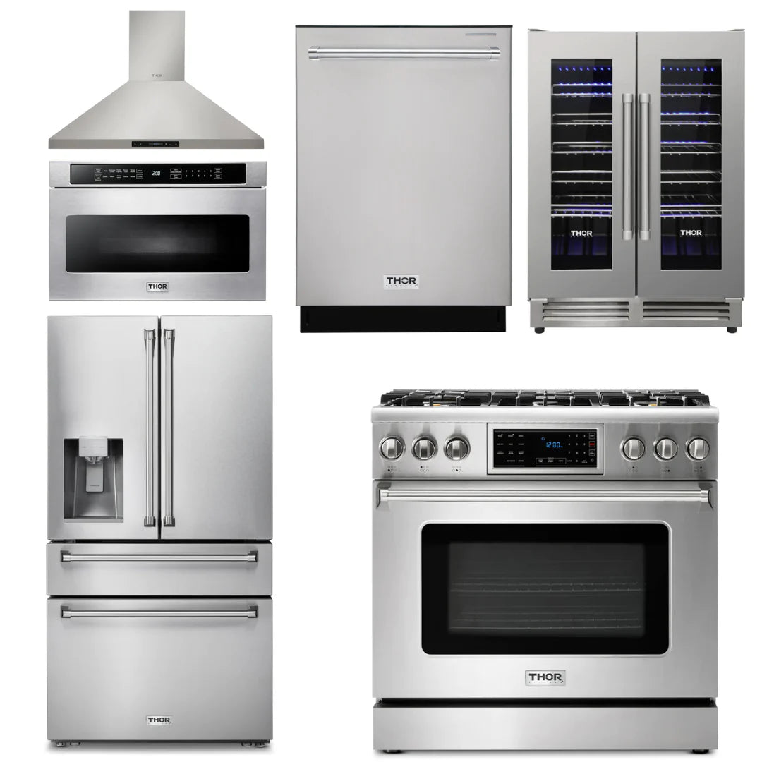 36 Gas Range, Range Hood, Microwave, Refrigerator, Dishwasher, Wine Cooler E687