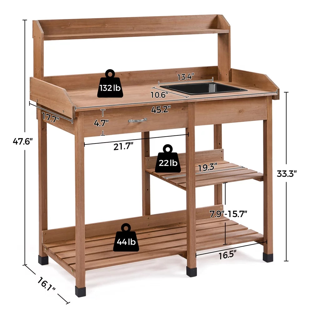 Brown Garden Potting Bench with Sink Drawer J21848