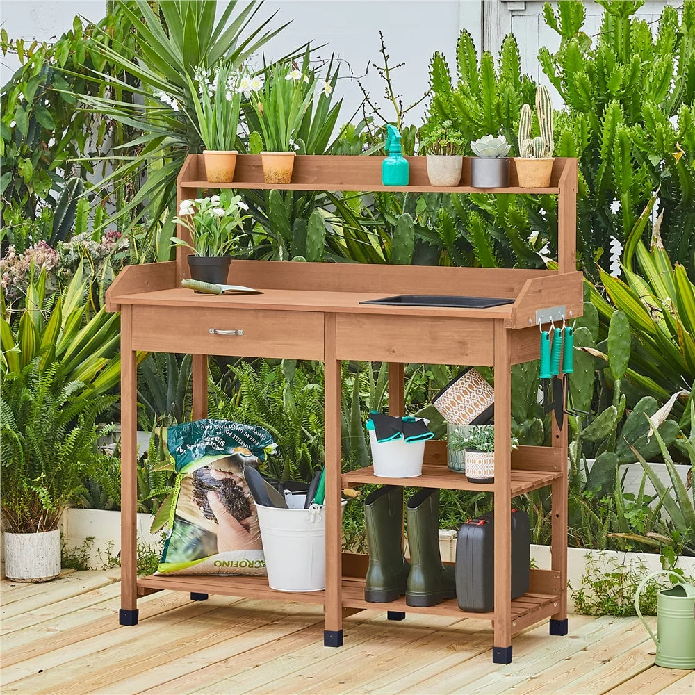 Brown Garden Potting Bench with Sink Drawer J21848
