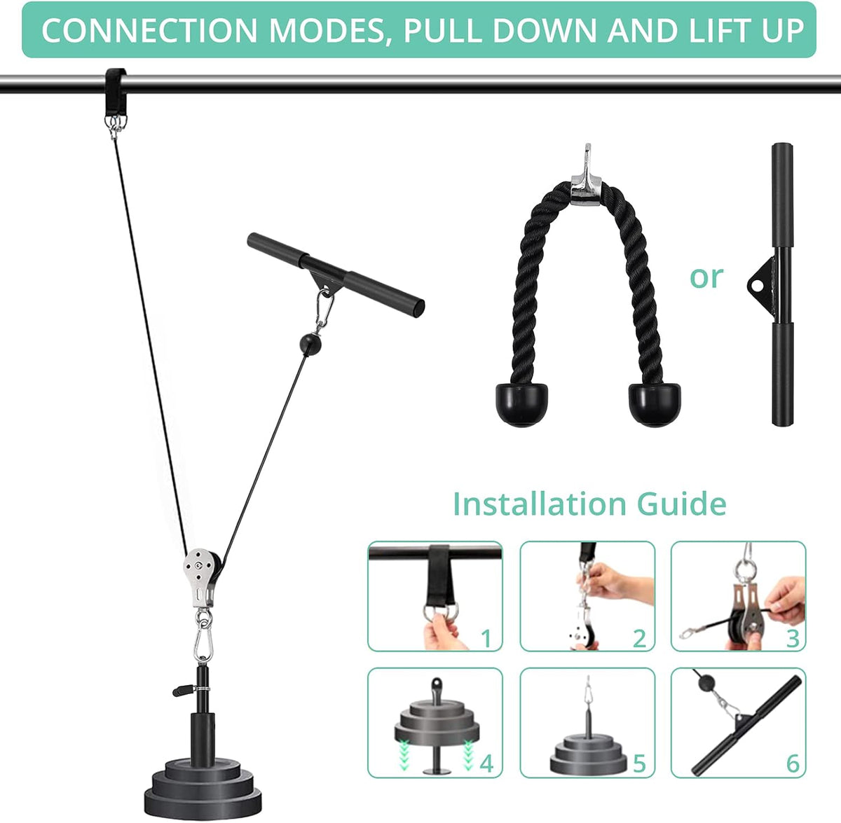 Fitness Pulley System with Tricep Rope, LAT Pull Down Bar P62535