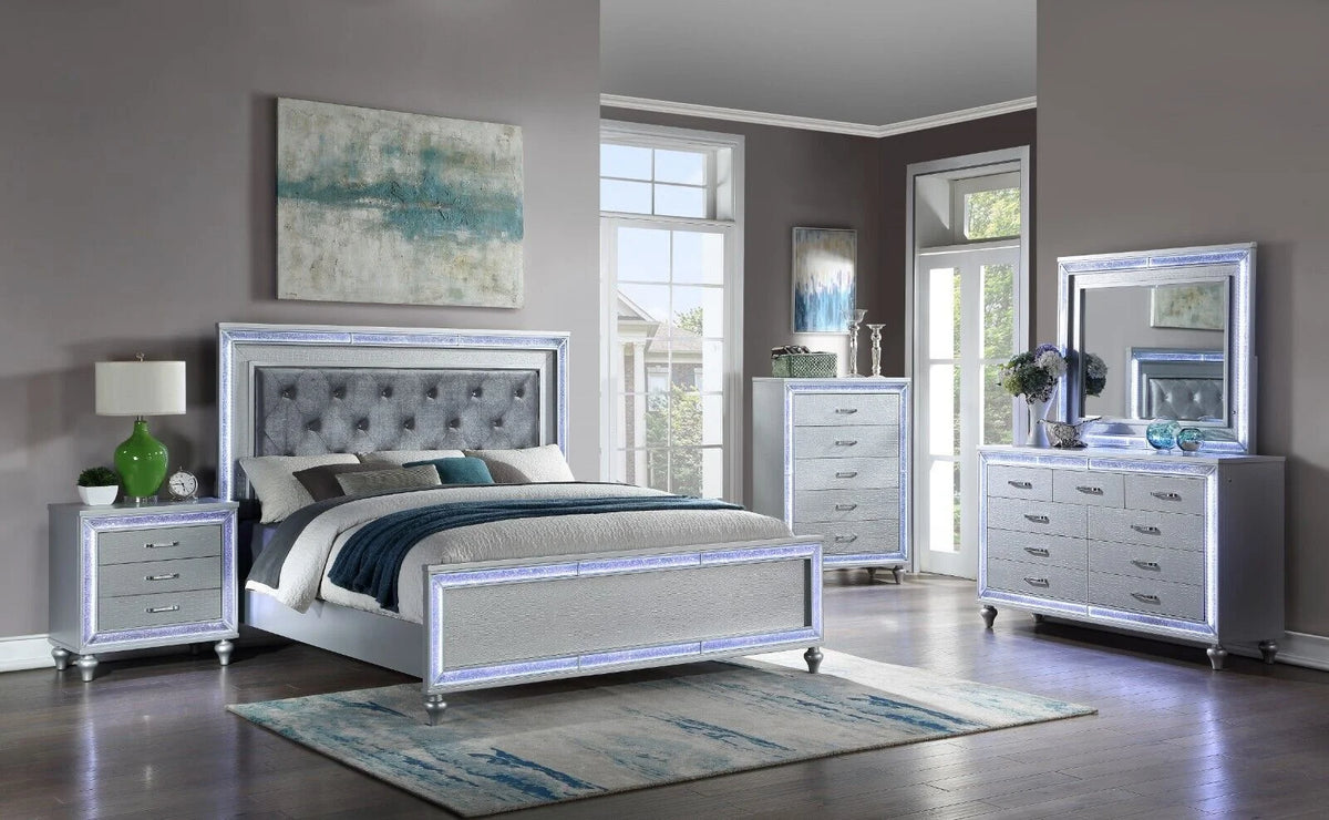 5pc King Size Upholstered Bed Dresser Mirror Nightstand Set G28323