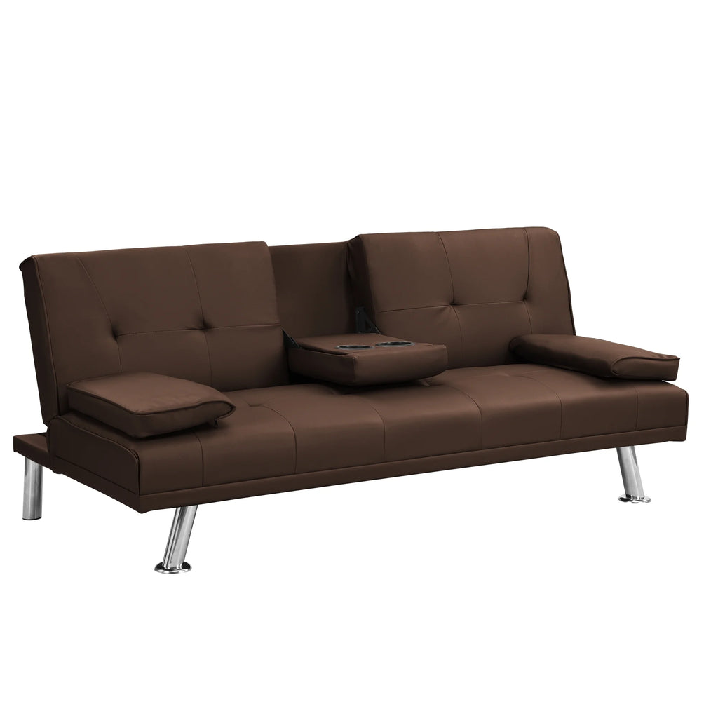 Brown PVC Sofa Bed with Armrest and Wood Frame N96678