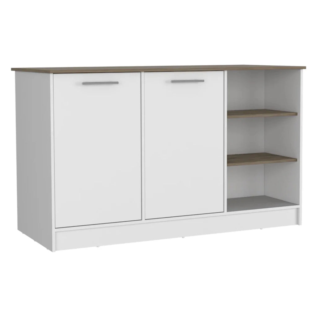 White Dark Brown Kitchen Island with Two Cabinets and Three Open Shelves K3197