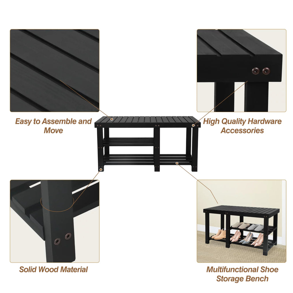 Black 3-Tier Solid Wood Shoe Bench J528
