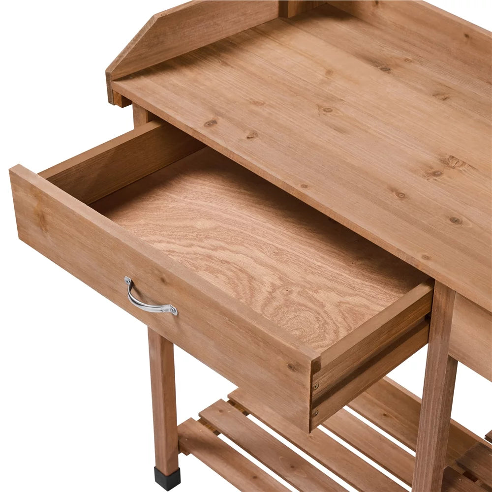 Brown Garden Potting Bench with Sink Drawer J21848