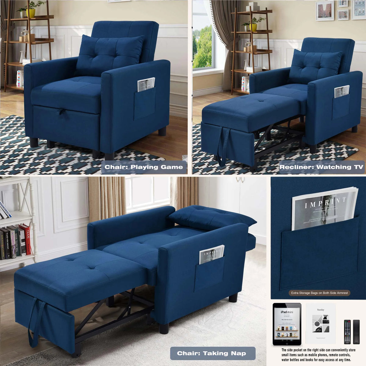 Blue Convertible Single Sofa Bed with Pull Out Sleeper Y244688