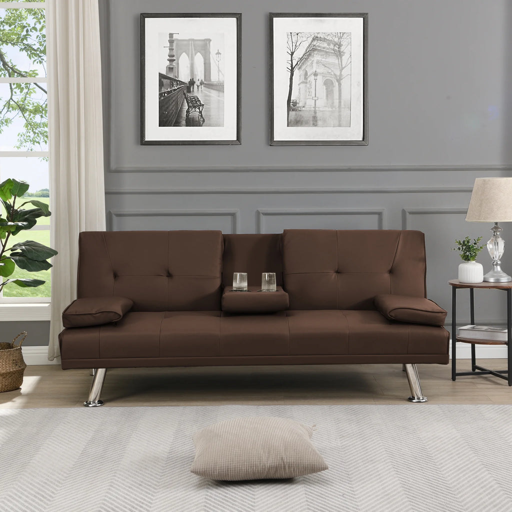 Brown PVC Sofa Bed with Armrest and Wood Frame N96678