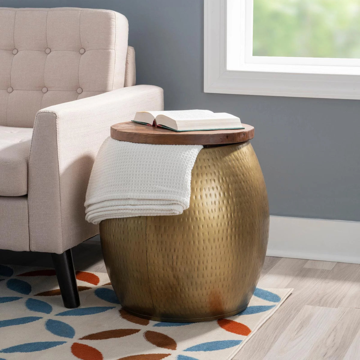 Gold Metal and Wood Storage Side Table L18446