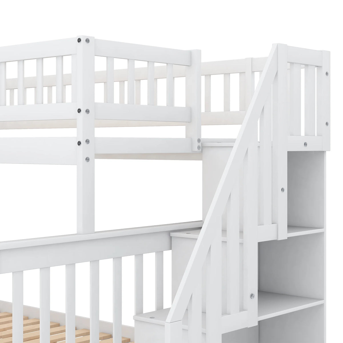 Twin Over Full Bunk Bed with Trundle and Stairs, White O285