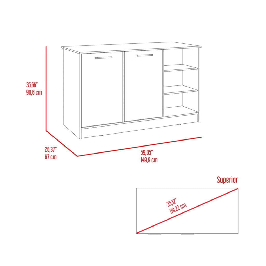 White Dark Brown Kitchen Island with Two Cabinets and Three Open Shelves K3197