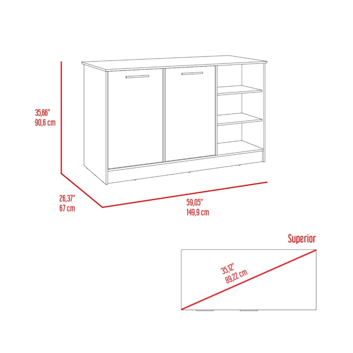 White Dark Brown Kitchen Island with Two Cabinets and Three Open Shelves K3197