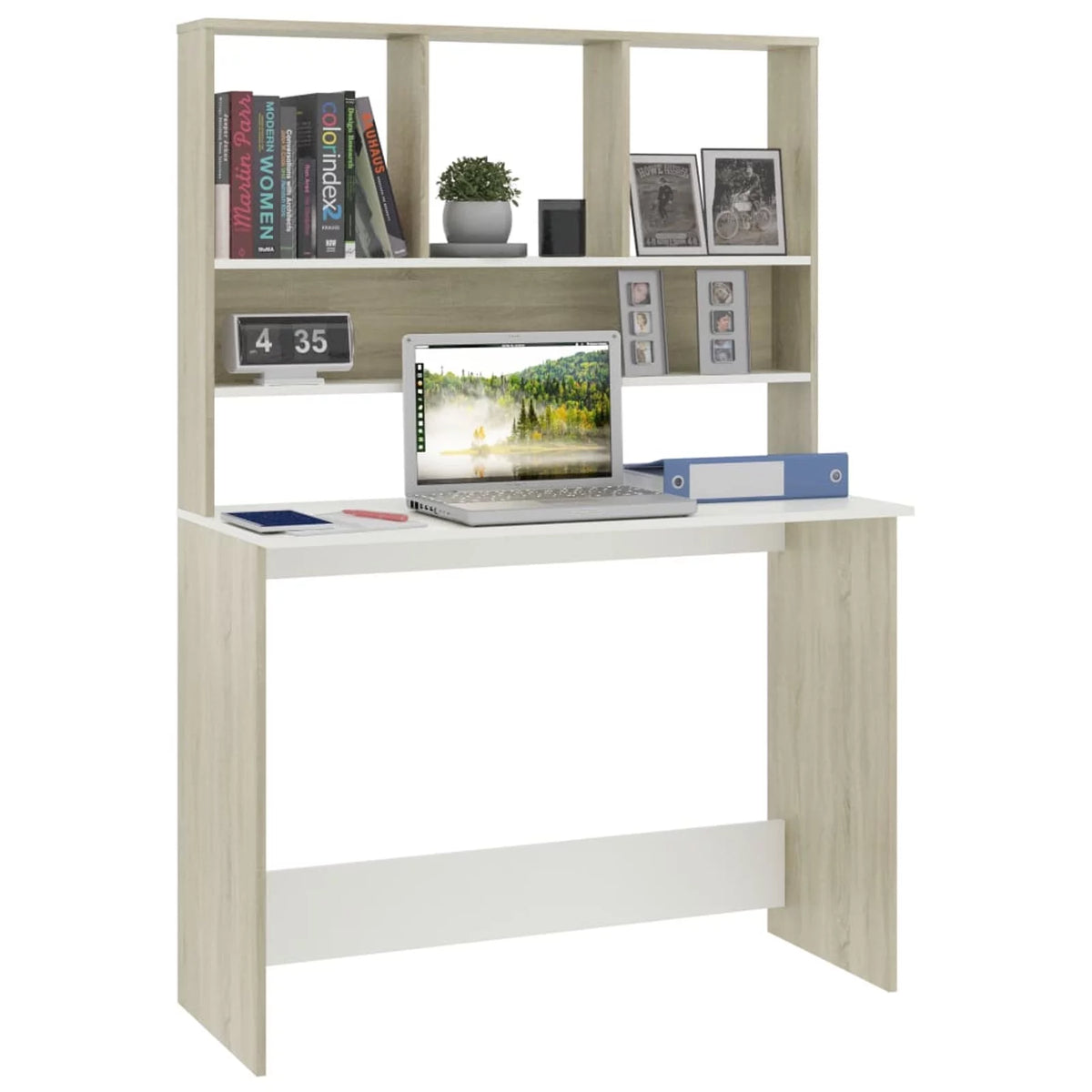 White and Sonoma Oak Engineered Wood Desk with Shelves I899